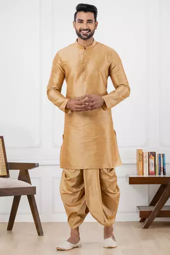 beige silk blend kurta jacket duppata set for men