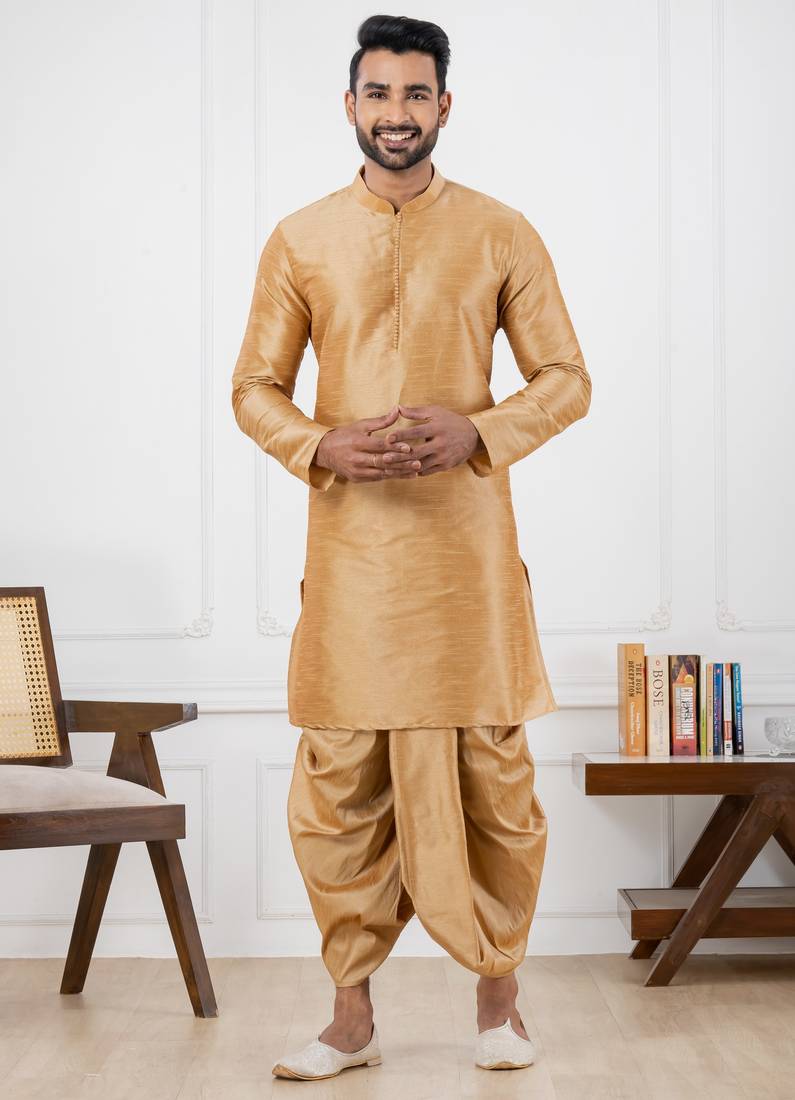  beige silk blend kurta jacket duppata set for men