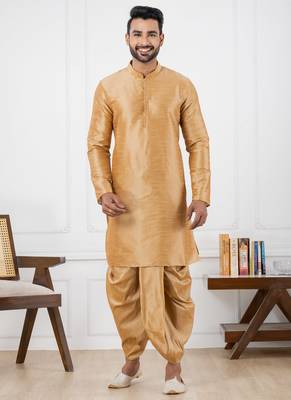  beige silk blend kurta jacket duppata set for men 3