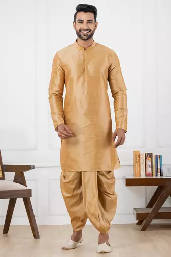  beige silk blend kurta jacket duppata set for men