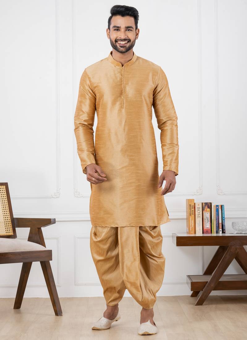  beige silk blend kurta jacket duppata set for men
