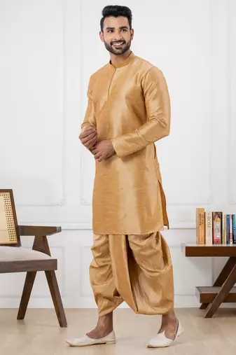  beige silk blend kurta jacket duppata set for men