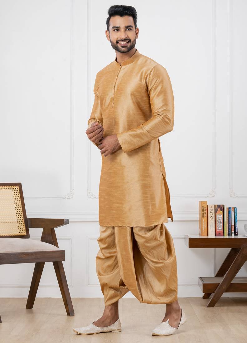  beige silk blend kurta jacket duppata set for men