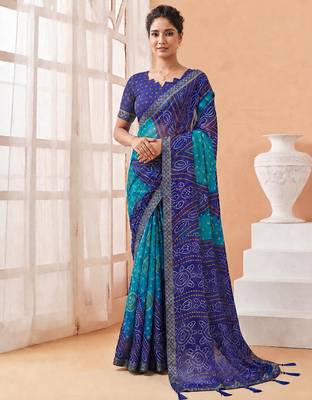 Women's blue bandhani print chiffon bandhej style saree with matching blouse 1