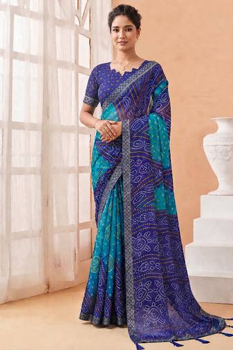 Women's blue bandhani print chiffon bandhej style saree with matching blouse