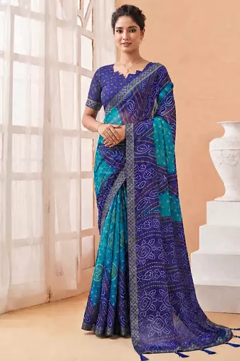 Women's blue bandhani print chiffon bandhej style saree with matching blouse