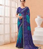 Women's blue bandhani print chiffon bandhej style saree with matching blouse