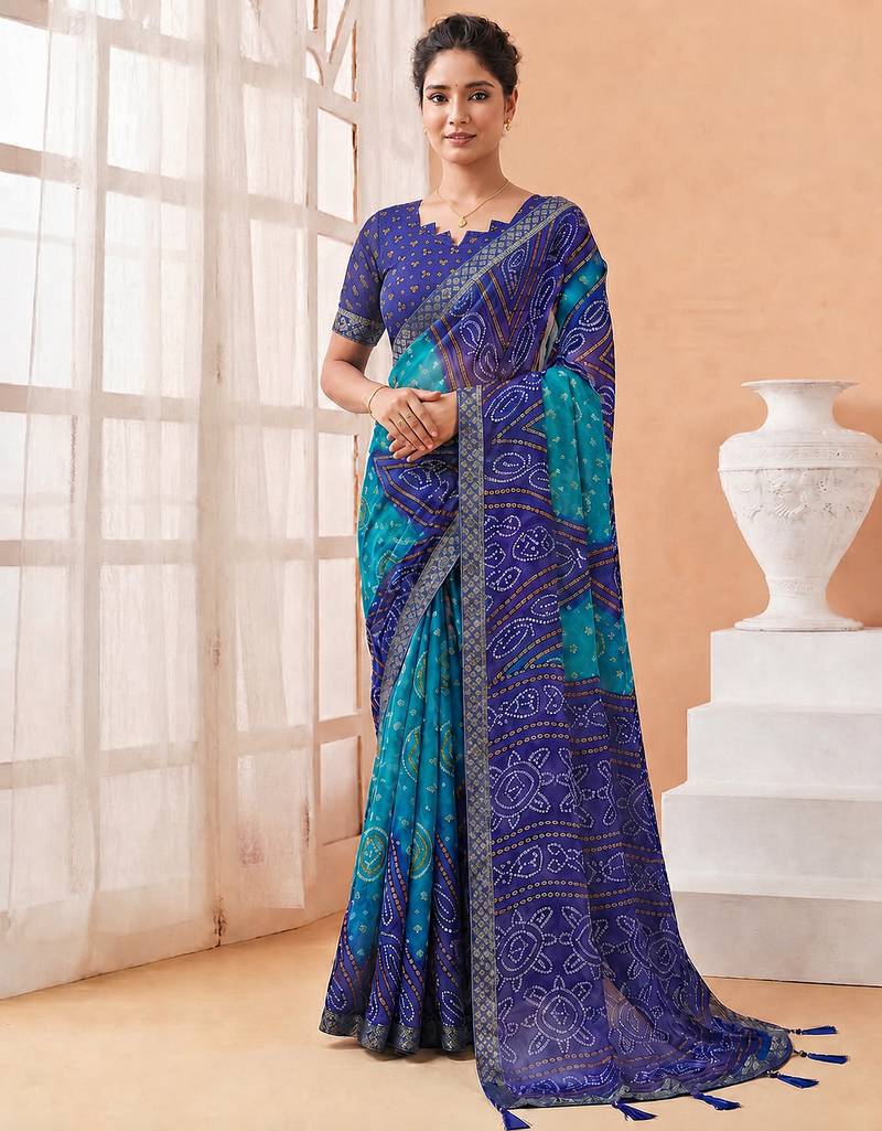Women's blue bandhani print chiffon bandhej style saree with matching blouse