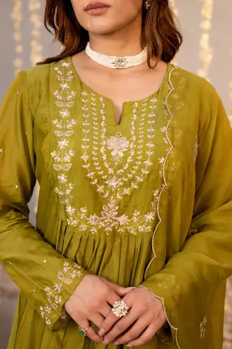 Women's Beautiful Embroidery Work Chanderi Silk Fabric Flared Kurta Pant and Dupatta Set