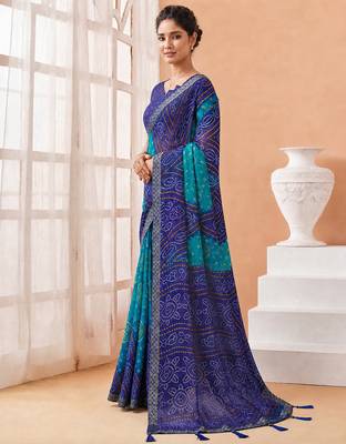 Women's blue bandhani print chiffon bandhej style saree with matching blouse 2