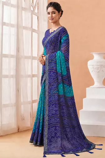 Women's blue bandhani print chiffon bandhej style saree with matching blouse