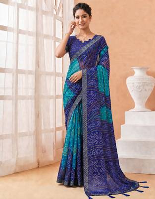 Women's blue bandhani print chiffon bandhej style saree with matching blouse 3