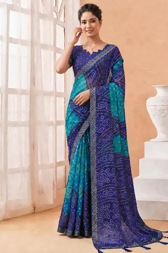Women's blue bandhani print chiffon bandhej style saree with matching blouse