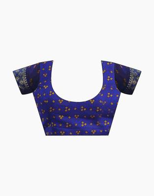 Women's blue bandhani print chiffon bandhej style saree with matching blouse 5