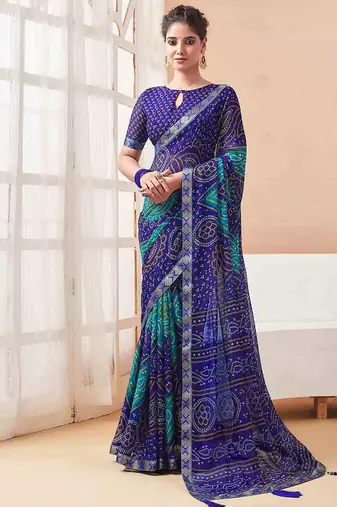 Women's blue bandhani print chiffon bandhej style saree with matching blouse