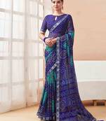 Women's blue bandhani print chiffon bandhej style saree with matching blouse