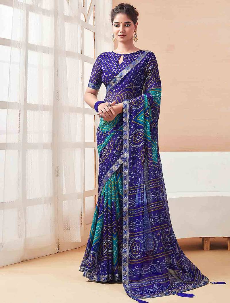 Women's blue bandhani print chiffon bandhej style saree with matching blouse