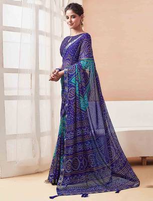 Women's blue bandhani print chiffon bandhej style saree with matching blouse 3