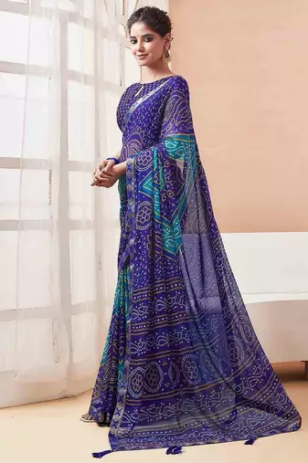 Women's blue bandhani print chiffon bandhej style saree with matching blouse