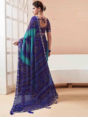 Women's blue bandhani print chiffon bandhej style saree with matching blouse 4