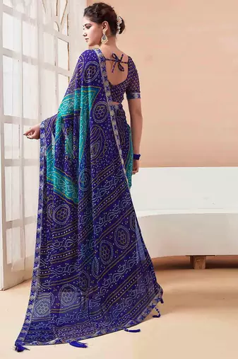 Women's blue bandhani print chiffon bandhej style saree with matching blouse