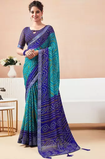 Women's blue turquoise bandhani print chiffon bandhej style saree with matching blouse