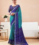 Women's blue turquoise bandhani print chiffon bandhej style saree with matching blouse