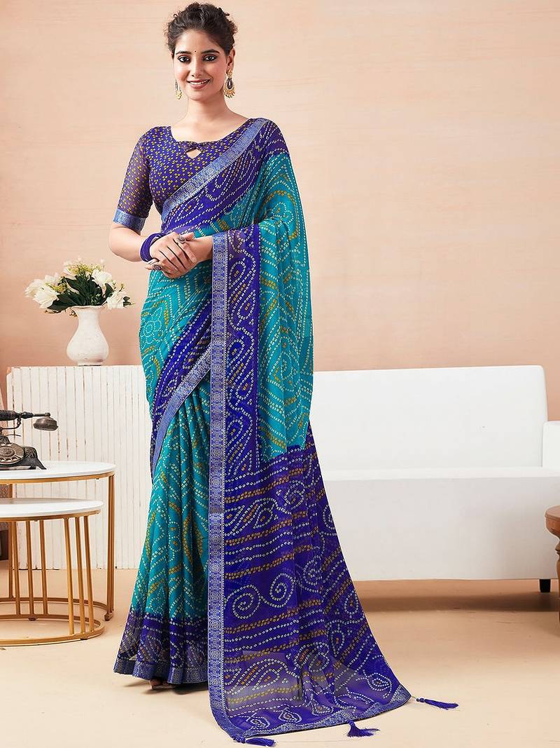 Women's blue turquoise bandhani print chiffon bandhej style saree with matching blouse