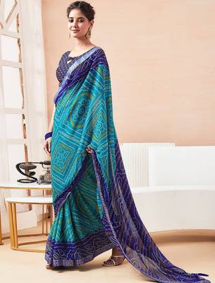 Women's blue turquoise bandhani print chiffon bandhej style saree with matching blouse 2