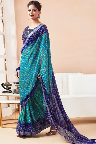 Women's blue turquoise bandhani print chiffon bandhej style saree with matching blouse