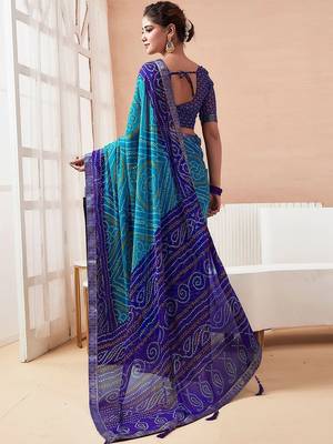 Women's blue turquoise bandhani print chiffon bandhej style saree with matching blouse 3