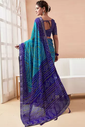 Women's blue turquoise bandhani print chiffon bandhej style saree with matching blouse