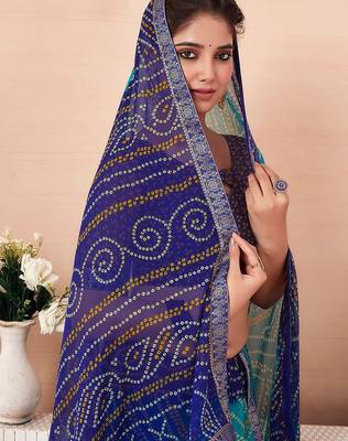 Women's blue turquoise bandhani print chiffon bandhej style saree with matching blouse 4