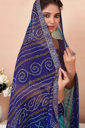 Women's blue turquoise bandhani print chiffon bandhej style saree with matching blouse