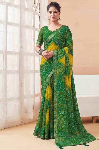 Women's green yellow bandhani print chiffon bandhej style saree with matching blouse