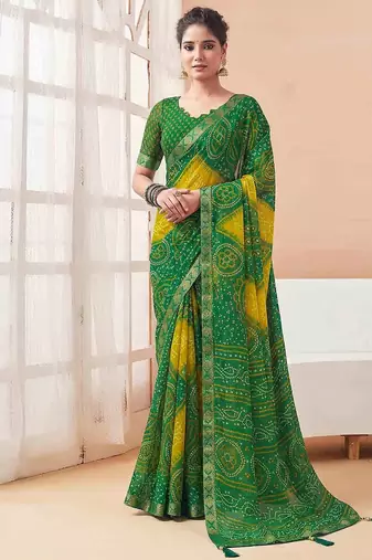 Women's green yellow bandhani print chiffon bandhej style saree with matching blouse