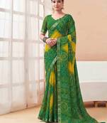 Women's green yellow bandhani print chiffon bandhej style saree with matching blouse