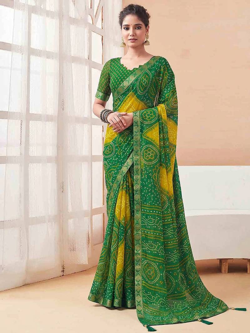 Women's green yellow bandhani print chiffon bandhej style saree with matching blouse