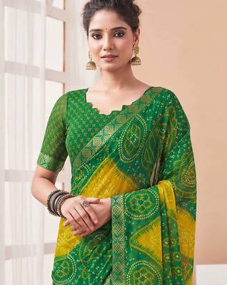 Women's green yellow bandhani print chiffon bandhej style saree with matching blouse 2