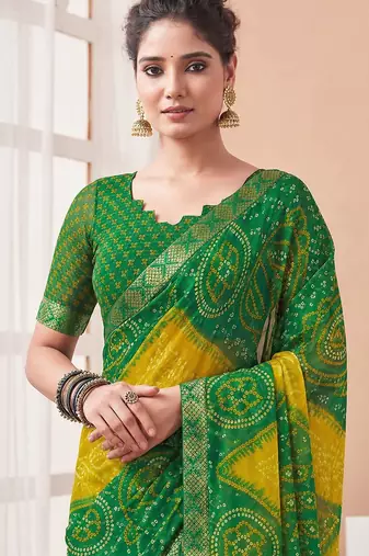 Women's green yellow bandhani print chiffon bandhej style saree with matching blouse