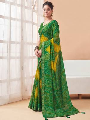 Women's green yellow bandhani print chiffon bandhej style saree with matching blouse 3