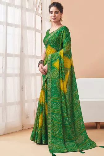 Women's green yellow bandhani print chiffon bandhej style saree with matching blouse