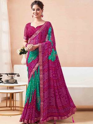 Women's magenta bandhani print chiffon bandhej style saree with matching blouse 1