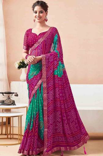 Women's magenta bandhani print chiffon bandhej style saree with matching blouse