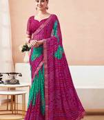 Women's magenta bandhani print chiffon bandhej style saree with matching blouse