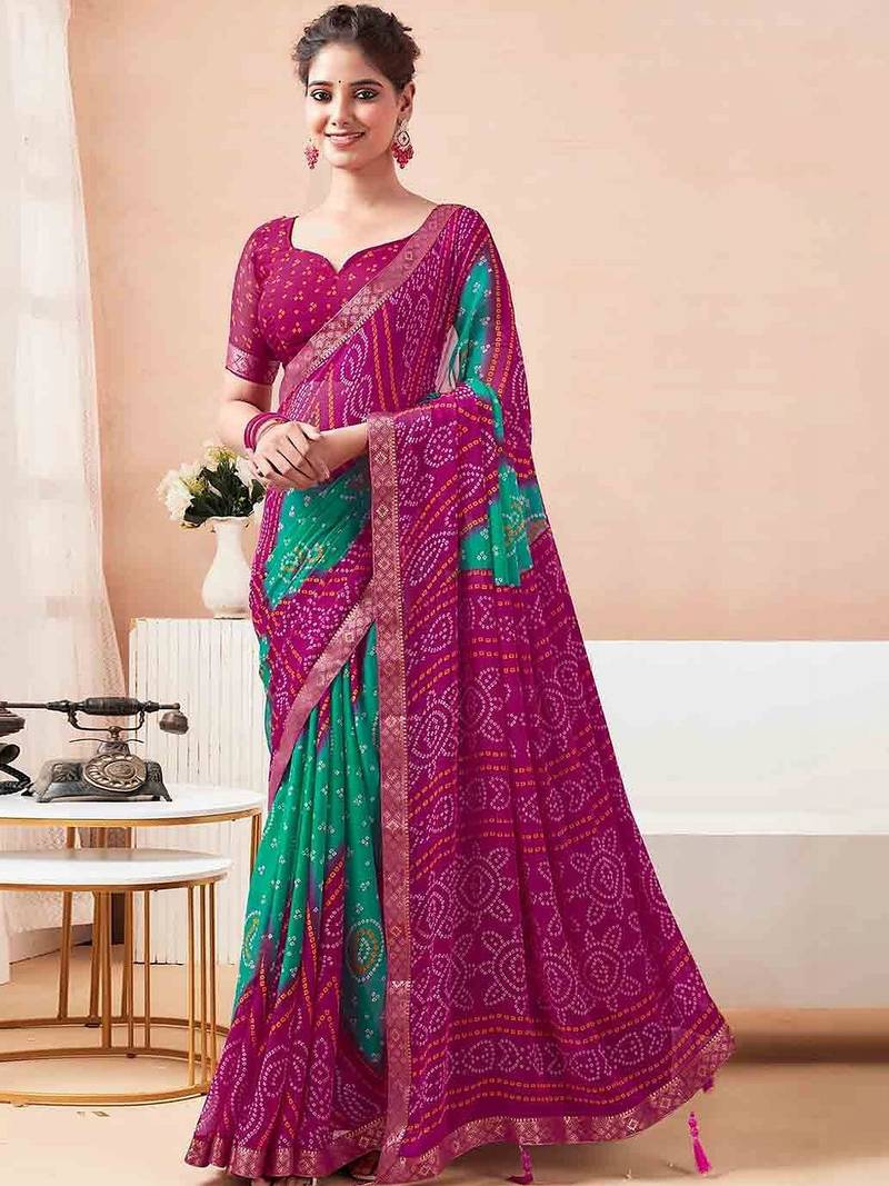 Women's magenta bandhani print chiffon bandhej style saree with matching blouse