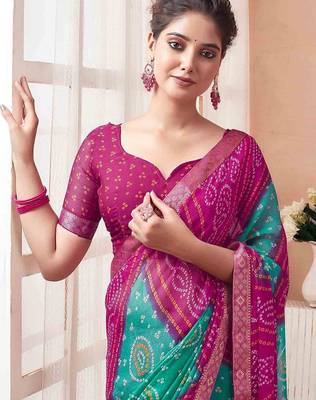 Women's magenta bandhani print chiffon bandhej style saree with matching blouse 2
