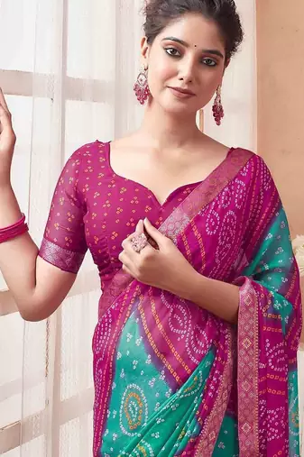 Women's magenta bandhani print chiffon bandhej style saree with matching blouse