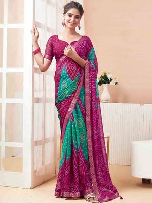 Women's magenta bandhani print chiffon bandhej style saree with matching blouse 3