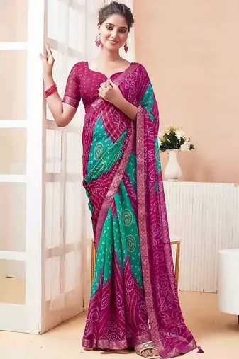 Women's magenta bandhani print chiffon bandhej style saree with matching blouse